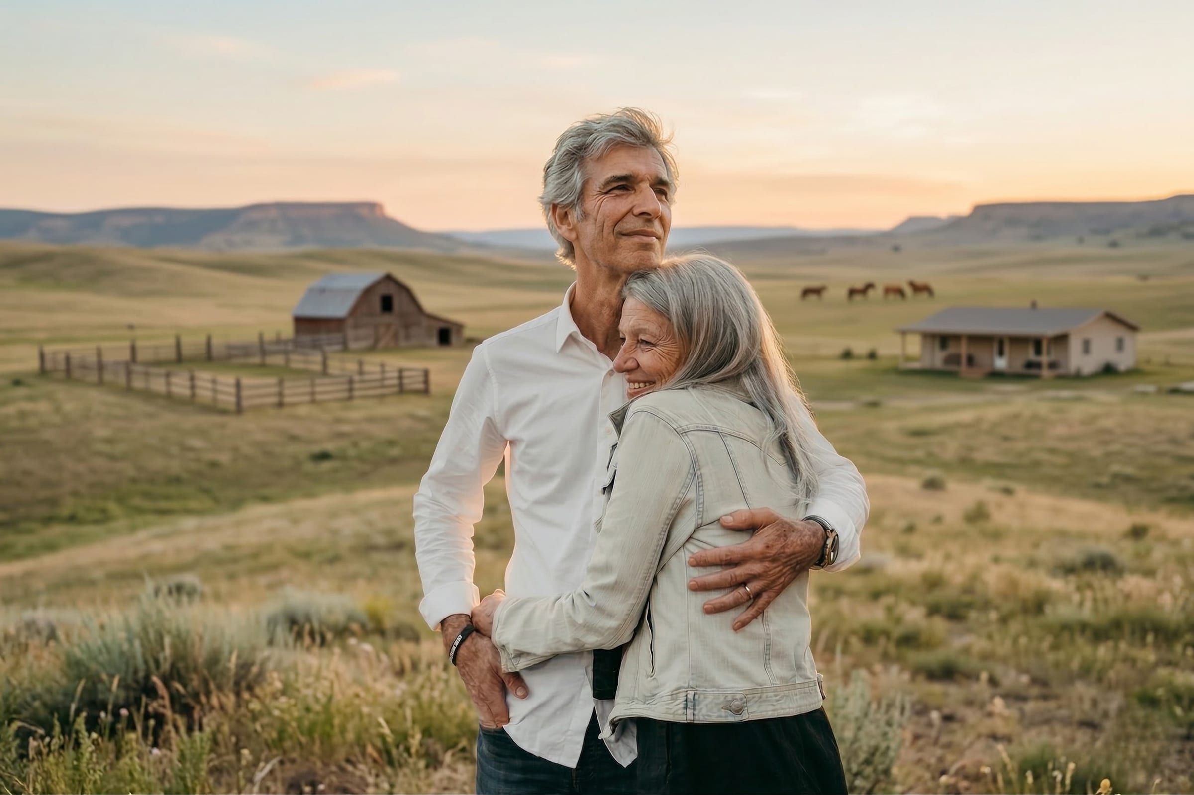 An older couple standing together outdoors on a bright day.